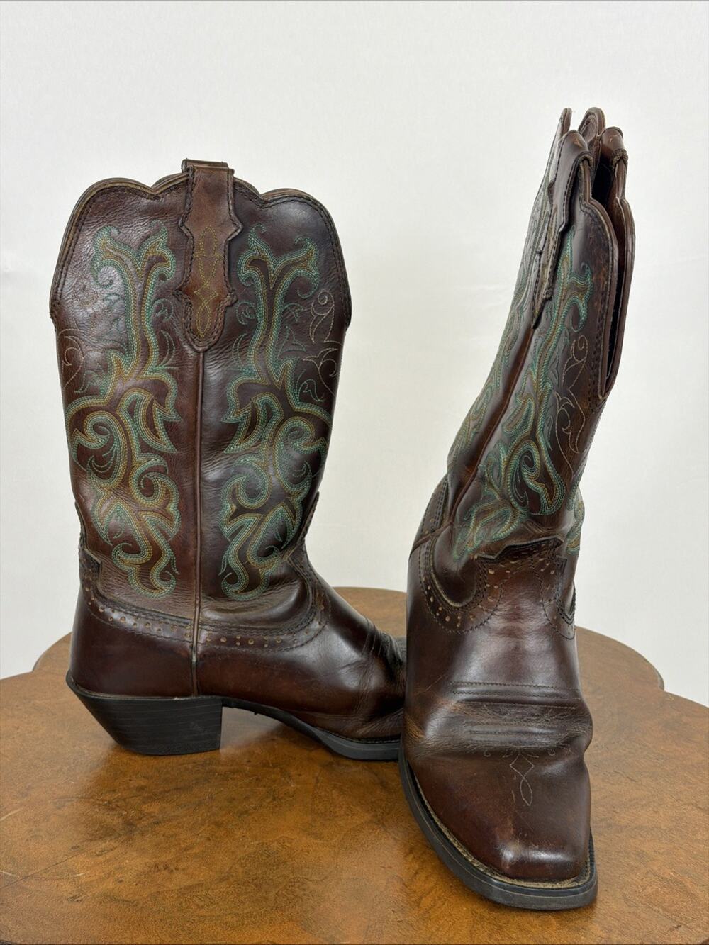 Justin Womens Brown Leather Western Boots Square Toe Colorful Stitching Size 7